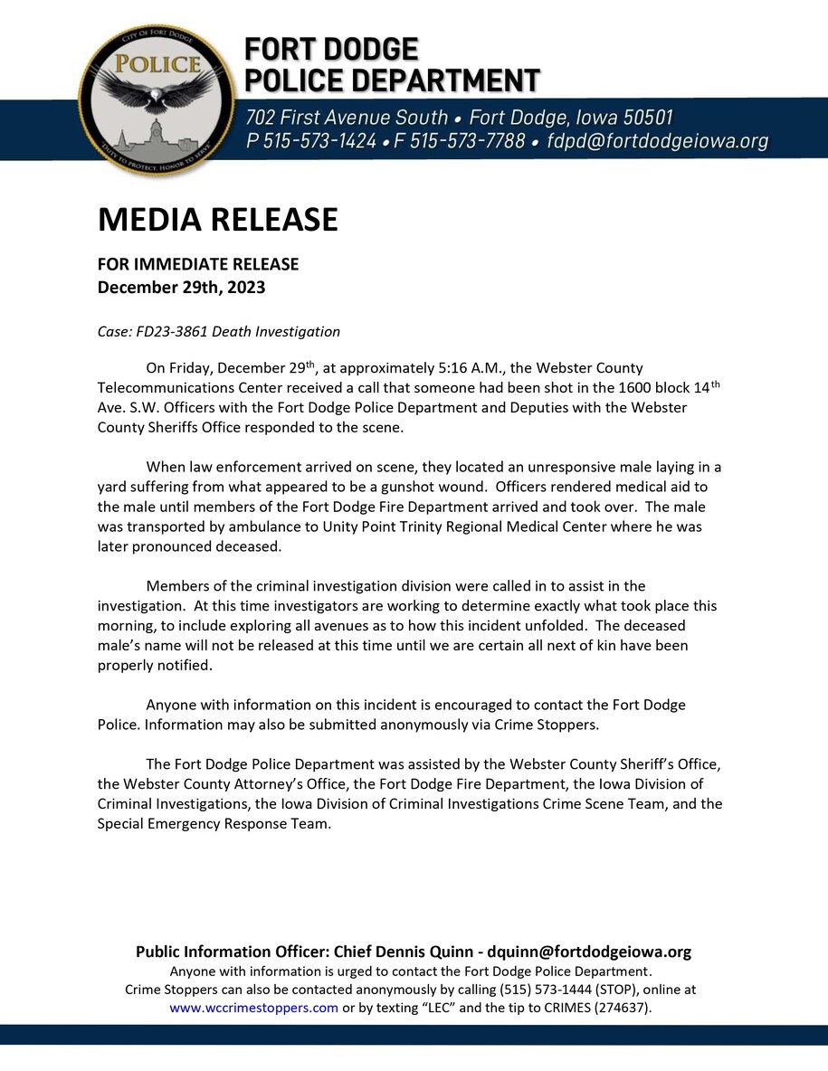 Fort Dodge Homicide Investigation Seeking Person of Interest Iowa